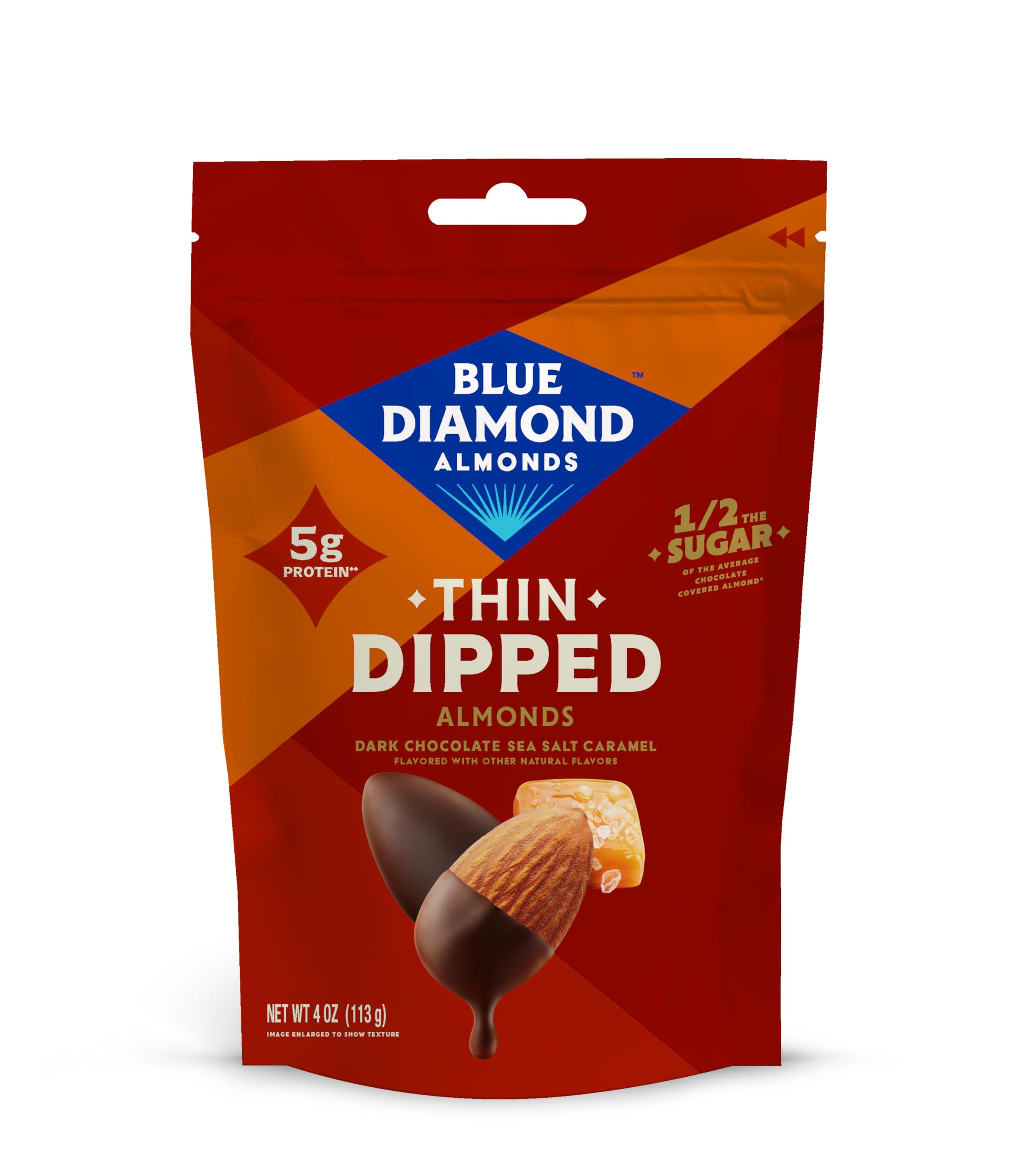 Blue Diamond Almonds, Dark Chocolate Sea Salt Caramel Covered Thin Dipped Snack Nuts for Guilt-Free Snacking with Half the Sugar, Perfect for Gathering, Holidays, or Craving a Sweet Treat, 4oz. Resealable Bag