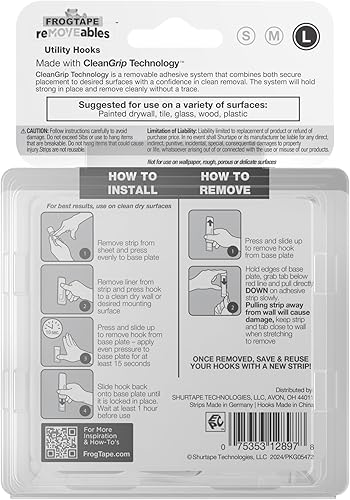 Miniatura 9 de FrogTape reMOVEables - Gancho de pared adhesivo sin daños, ganchos de pared grandes extraíbles para colgar, sin clavos, soporta hasta 5 libras, 6