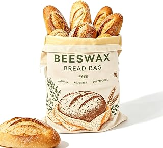 1Pack Beeswax Sourdough Bread Bags, Reusable Fresh‑Keeping Storage Bag | with Zipper, Natural Beeswax-lined, 13x17 In, for Baguette Kitchen Baking Homemade Bread, Cotton, Retains Crust Crispness