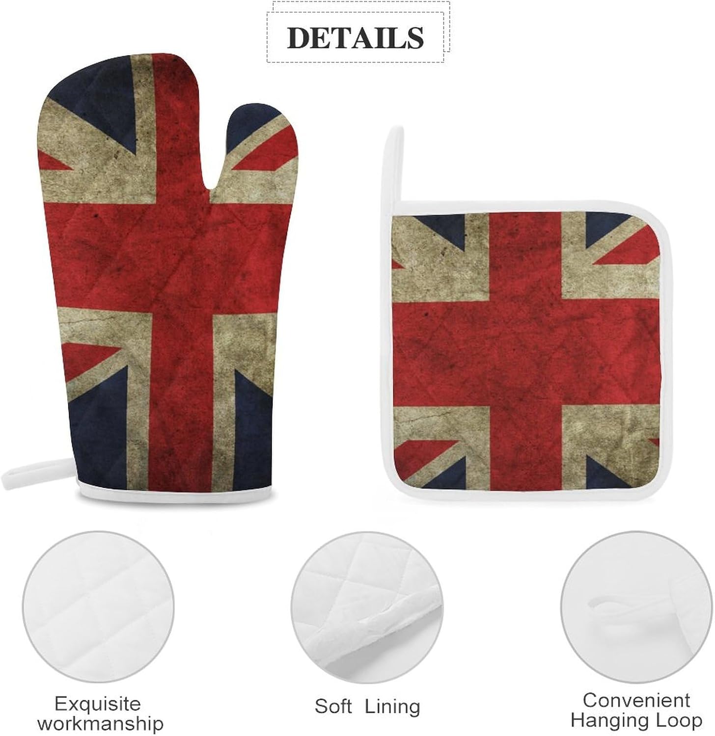 Vintage British Flag Print Oven Mitts and Pot Holders 3 Piece Sets Heat Resistant Gloves Hot Pads Potholders for Kitchen Baking Cooking