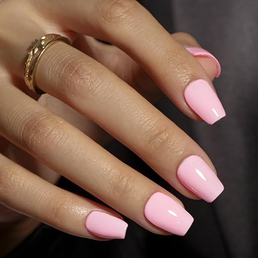 KQueenest Baby Pink Press On Nails Short - Acrylic Press On Nails Coffin, Sheer Pastel Rose Pink Fake Nails with Glue, Glossy Opaque, Ballerina Reusable Soft Gel Glue on Nails for Women, 30 Pcs