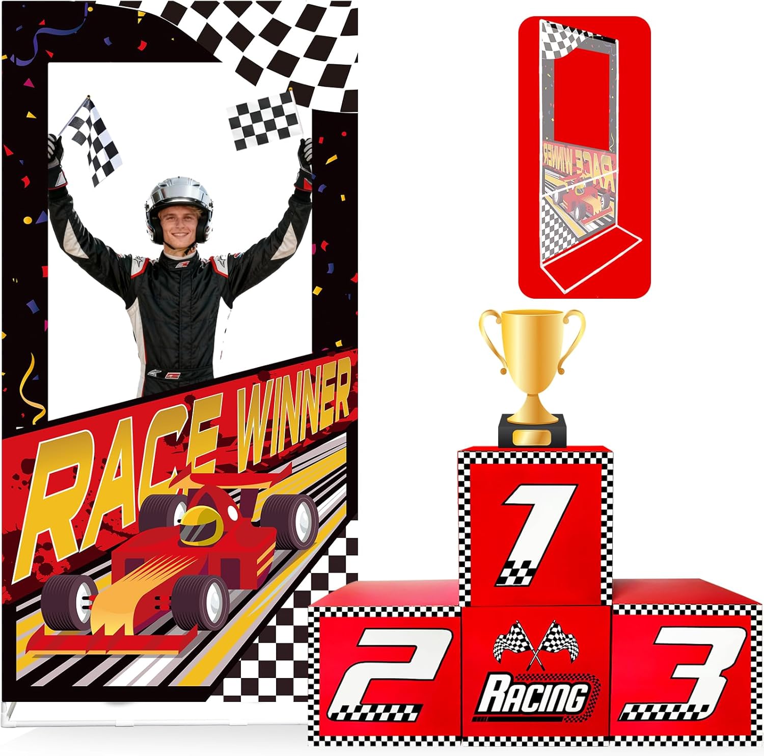 Race Car Birthday Party Decorations: 8 Pcs Race Car Photo Booth Prop Kit with Backdrop Cardboard Award Podiums Champion Trophy Checkered Flags for F1 Party Decorations Race Car Themed Party Supplies