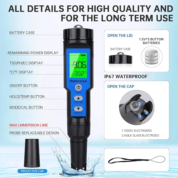 pH Mètre Électronique 4 en 1, TDS EC Température Meter avec précision 0,01 pH, Compensation Automatique température, Testeur Qualité Eau étanche IP67 pour piscines, Eau Potable, hydroponie - 2