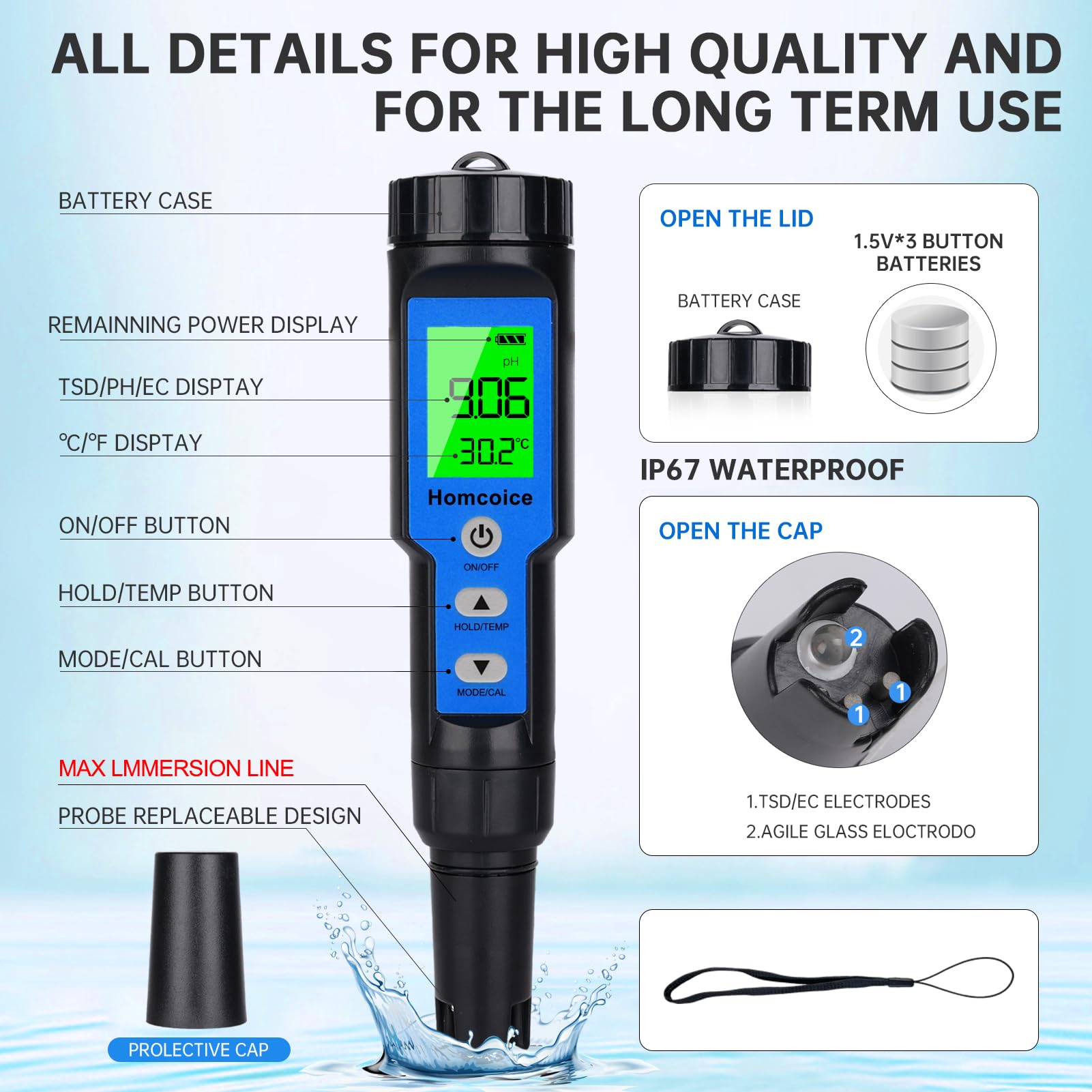 pH Mètre Électronique 4 en 1 TDS EC Température IP67 Testeur Qualité Eau étanche