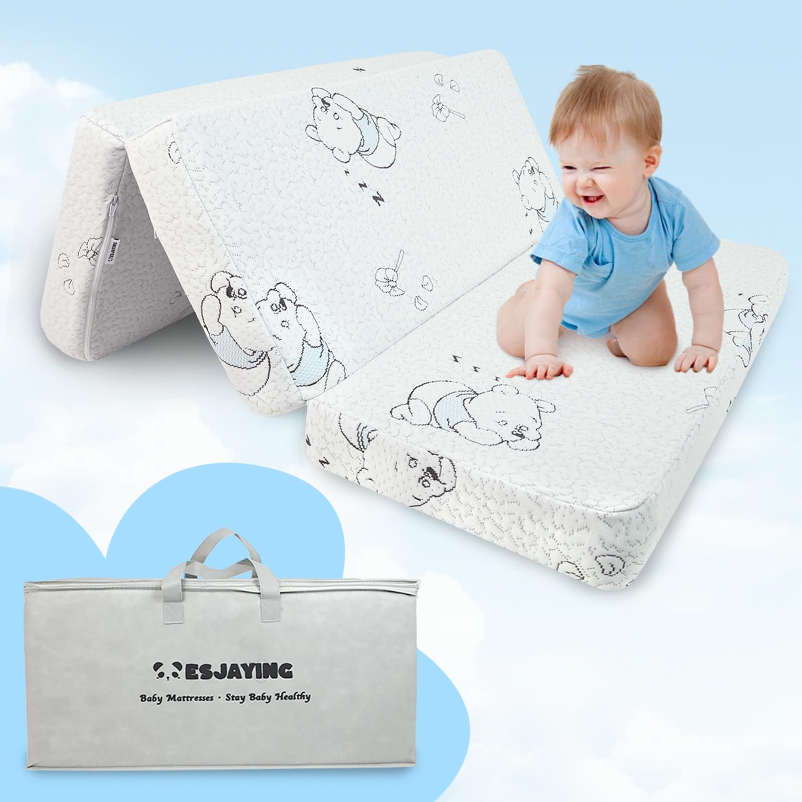 Pack and Play Mattress 38"x 26" Gel Memory Foam Trifold Pack N Play Mattresses Pad with Breathable Washable Cover, Portable Travel Mattress for Pack N Play with Carry Bag