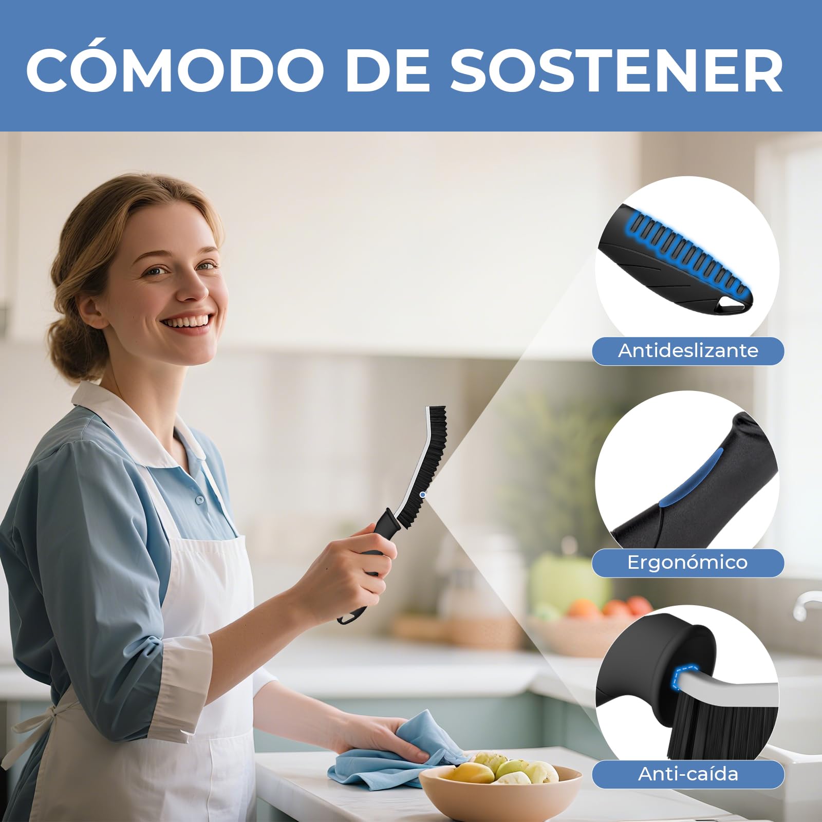 Cleangor Cepillo de Limpieza de Grietas, Cerdas Duras, Mango Ergonómico, 3 Negro