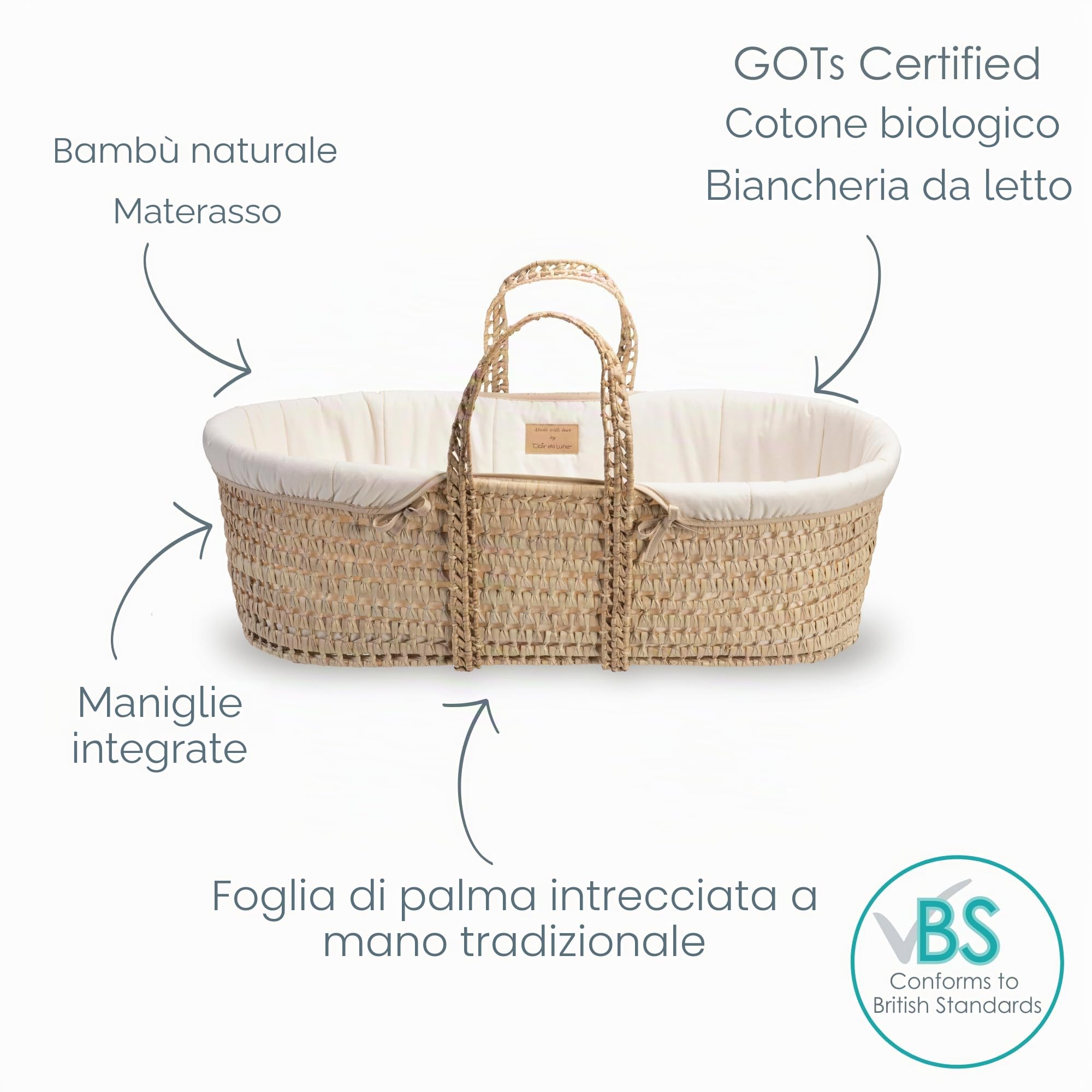 Clair de Lune Cesta in palma biologica, vincitrice del premio Oro, viene fornita con medicazione biologica, materasso in bambù naturale e morbido lenzuolo in vimini 75 x 28 cm (crema naturale)