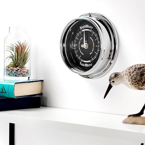 Miniatura 8 de Prestige Tide Reloj en cromo con esfera negra azabache, reloj de pared tradicional de marea marina, reloj náutico con temática oceánica para