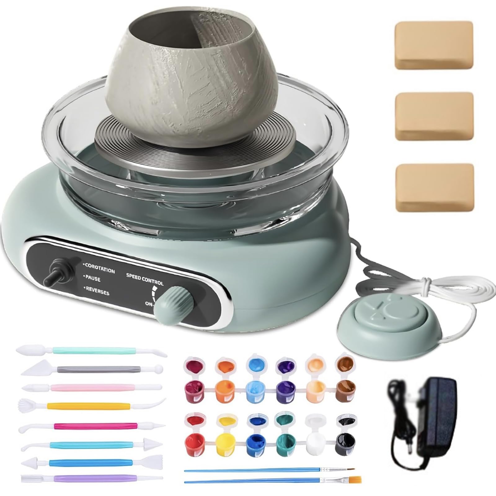 LYSDIANPU Mini Pottery Wheel Machine, Electric Clay Spinner With Foot Pedal, Adjustable Speed Detachable Turntable Clean For School Teaching Diy Pottery Ceramic Art Projects Matcha Green