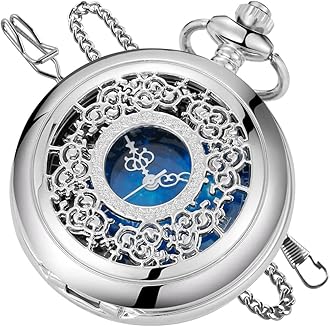 Quartz Pocket Watch Hollow Steampunk Blue Star Design Roman Numerals Pocket Watch with Chain Christmas Gifts