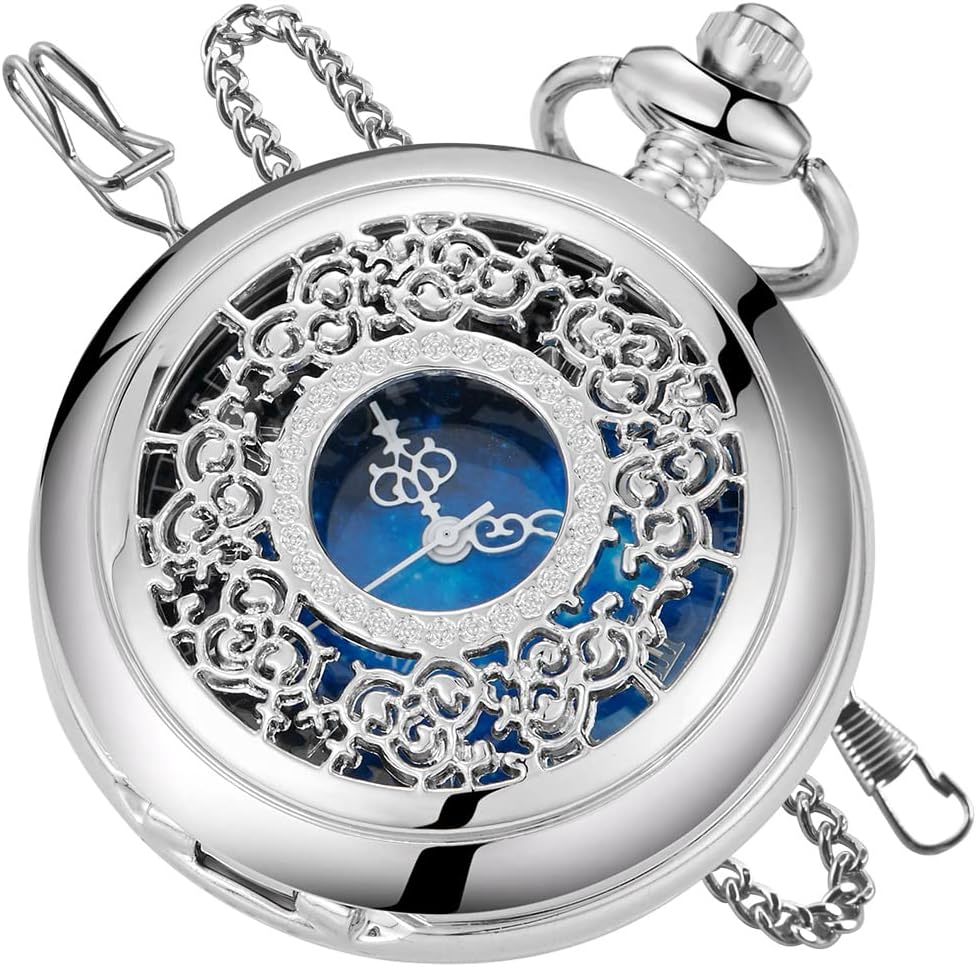 Tiong Quartz Pocket Watch Hollow Steampunk Blue Star Design Roman Numerals Pocket Watch with Chain Christmas Gifts