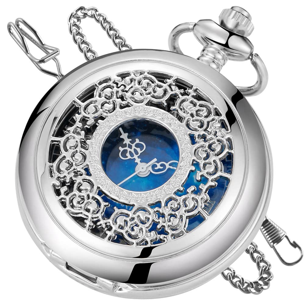 Tiong Quartz Pocket Watch Hollow Steampunk Blue Star Design Roman Numerals Pocket Watch with Chain Christmas Gifts