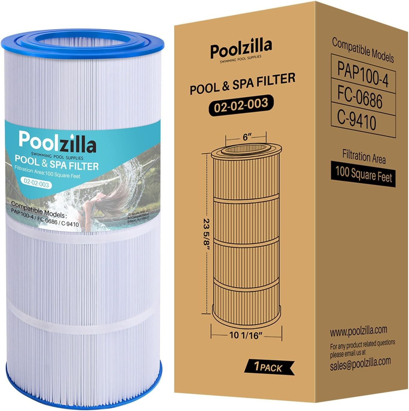 Poolzilla Replacement for Pool Filter Pentair CC100, CCRP100, PAP100, PAP100-4, Unicel C-9410, R173215, Filbur FC-0686, 59054200, 160316, 160354, SP100 Predator 100, (L x OD: 23 5/8” x 10 1/16”)