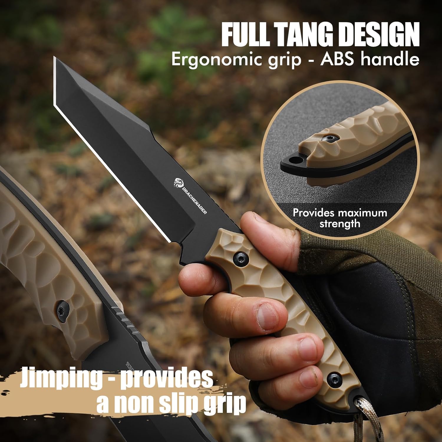 DRACHENADER B-ER-TANTO POINT Fixed Blade Tanto Knife with Sheath, 5cr14mov Steel, 9.29" Tactical Knife for Men with Full Tang Design, Khaki