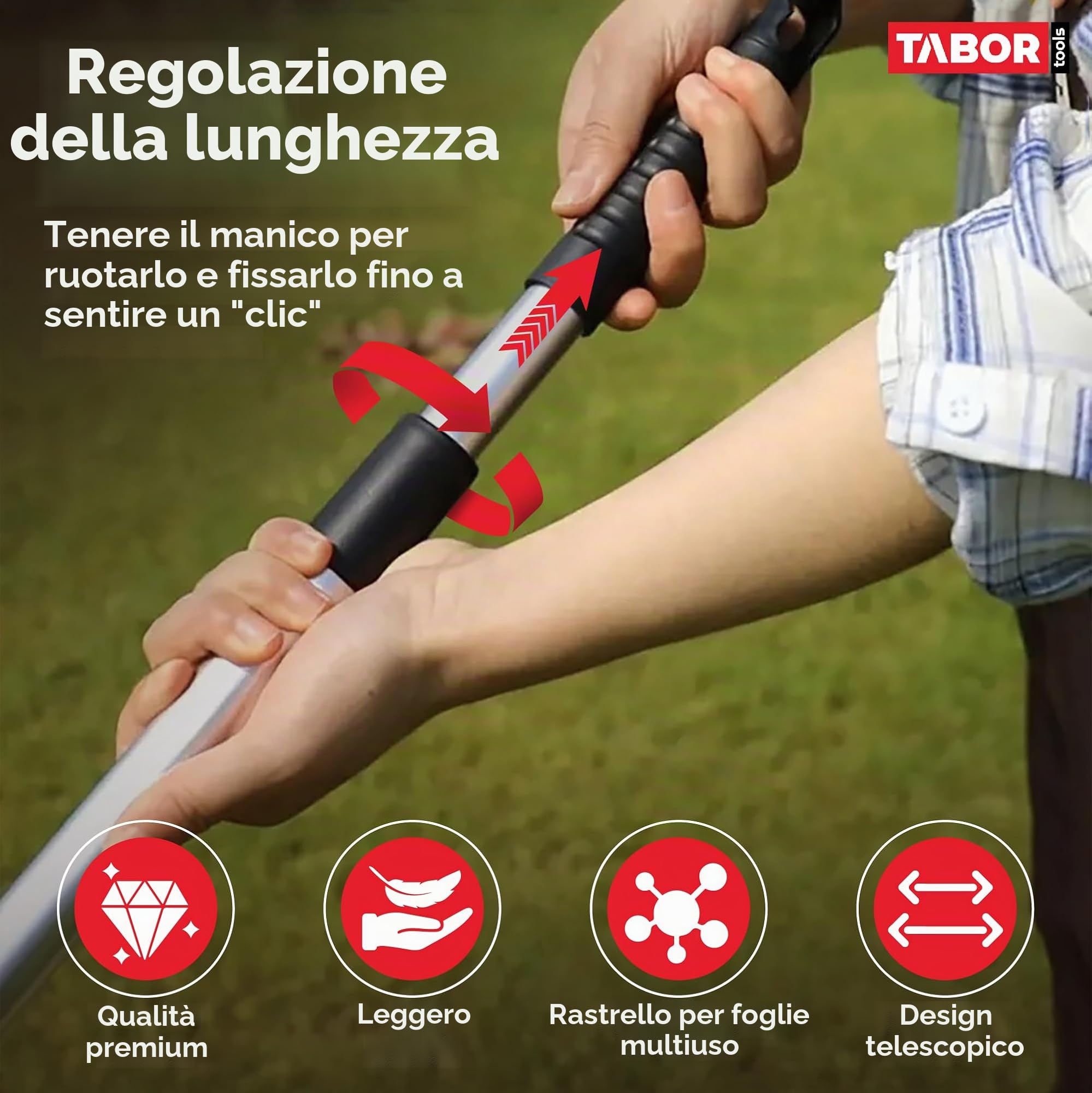 TABOR TOOLS J16E - Rastrello telescopico in metallo, lunghezza 160 cm, rastrello pieghevole regolabile per pulire rapidamente prato e cortile, rastrello per foglie da giardino, manico espandibile con