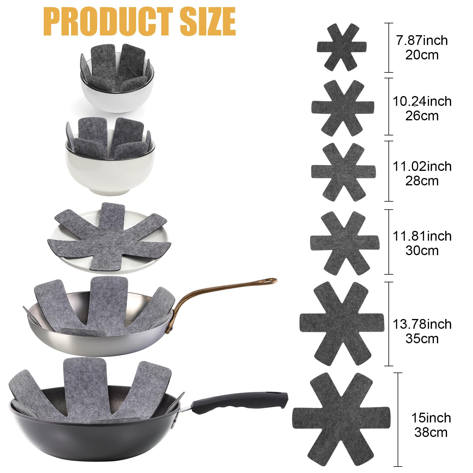 Honeydak 80 protectores para ollas y sartenes, 6 tamaños diferentes, almohadillas divisoras de ollas, protectores de utensilios de cocina para apilar, proteger ollas y sartenes, color gris