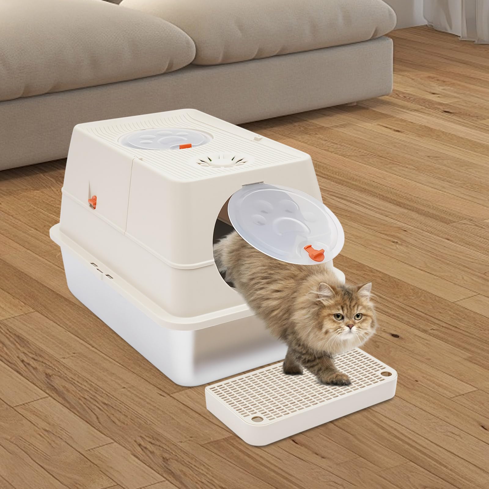 Lettiera chiusa per gatti inodore con filtro ai carboni attivi PP e ABS, cachi, 60 x 40 x 39 cm, antiscivolo per gatti con pala cachi, per gatti fino a 10 kg