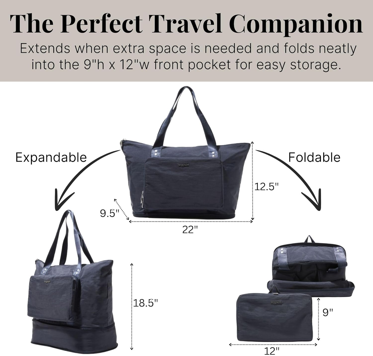 Baggallini Carryall Expandable Lightweight Travel Tote 22" Packable Folding Compact Nylon Washable Weekender w/Luggage Sleeve - Image 3