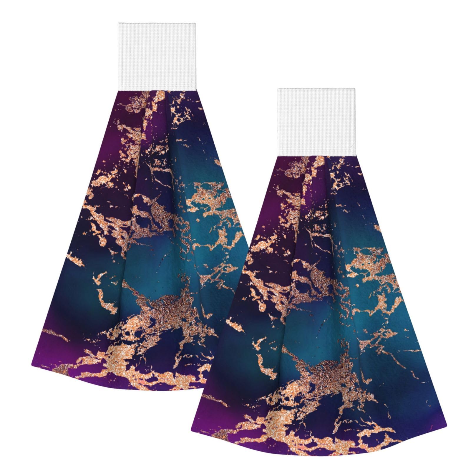 DOPKLNA Marble Luxe Decor Dark Purple And Teal With Gold, 2 Pcs Hanging Coral Fiber Hand Towels for Bathroom, Absorbent Kitchen Towels