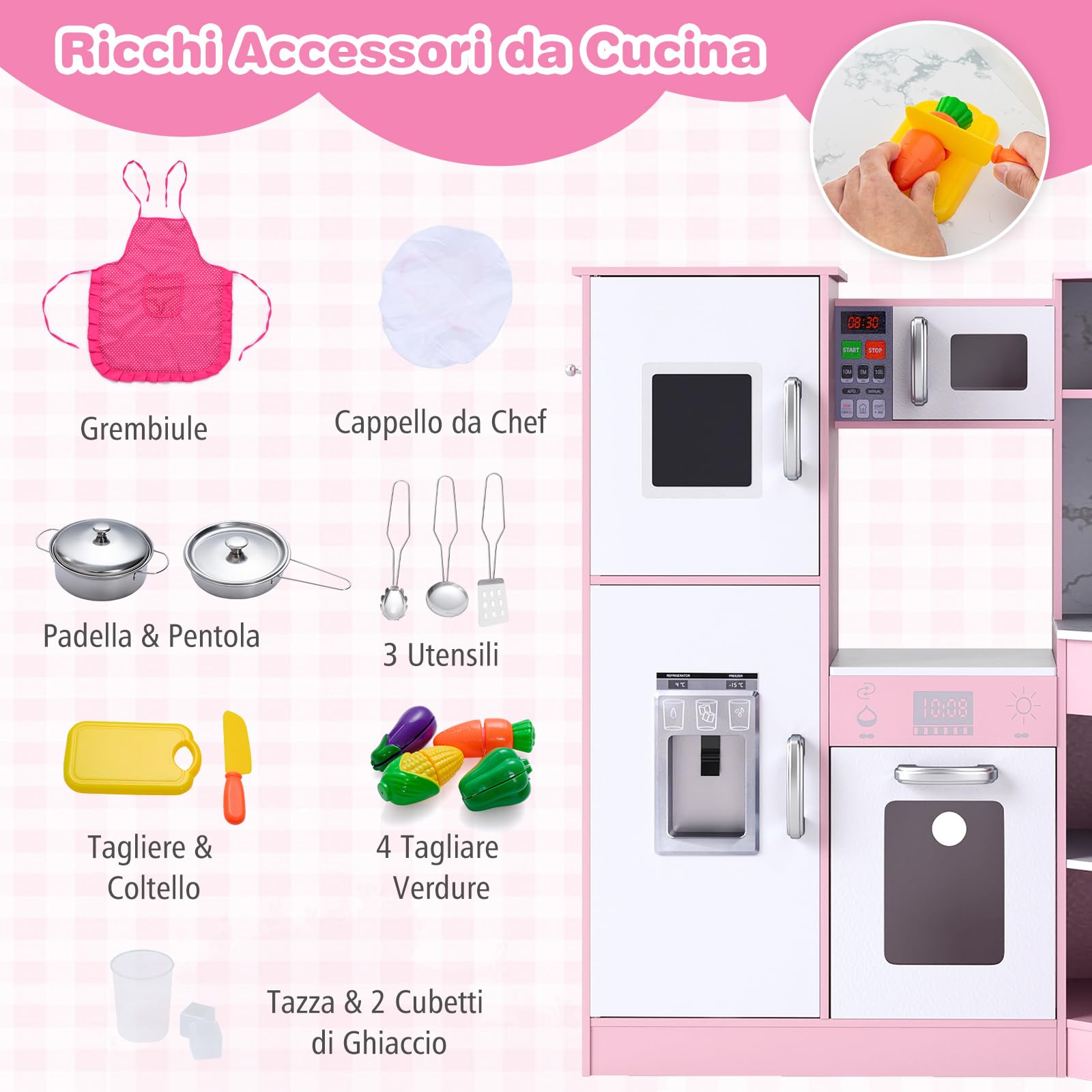 RELAX4LIFE Cucina Giocattolo per Bambini, Cucina Lussuosa in Legno con Effetti Luminosi e Sonori, Forno, Microonde, Macchina del Ghiaccio Lavastoviglie e Lavagna, Regalo per Bambini 3+ Anni (Rosa)
