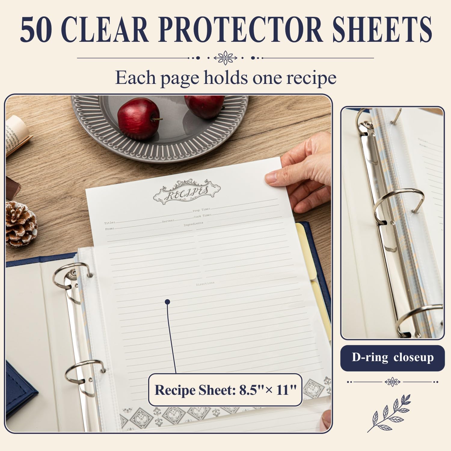 COFICE Raccoglitore per ricette, 21 x 28 cm, 3 anelli, vuoto, per scrivere le tue ricette, con copertina in similpelle PU e maniche in plastica (blu navy)