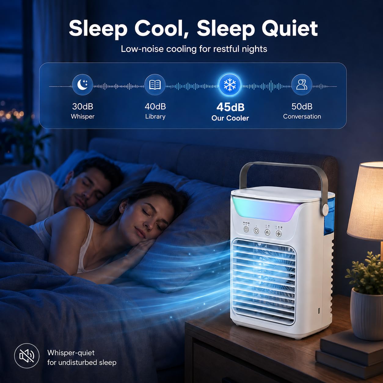 Aire acondicionado portátil, ventilador de hielo portátil 4 en 1 actualizado 2026 con 3 velocidades y 2 niebla fría ultrasilencioso, 3 temporizadores y 7 luces, ventilador evaporativo para habitación
