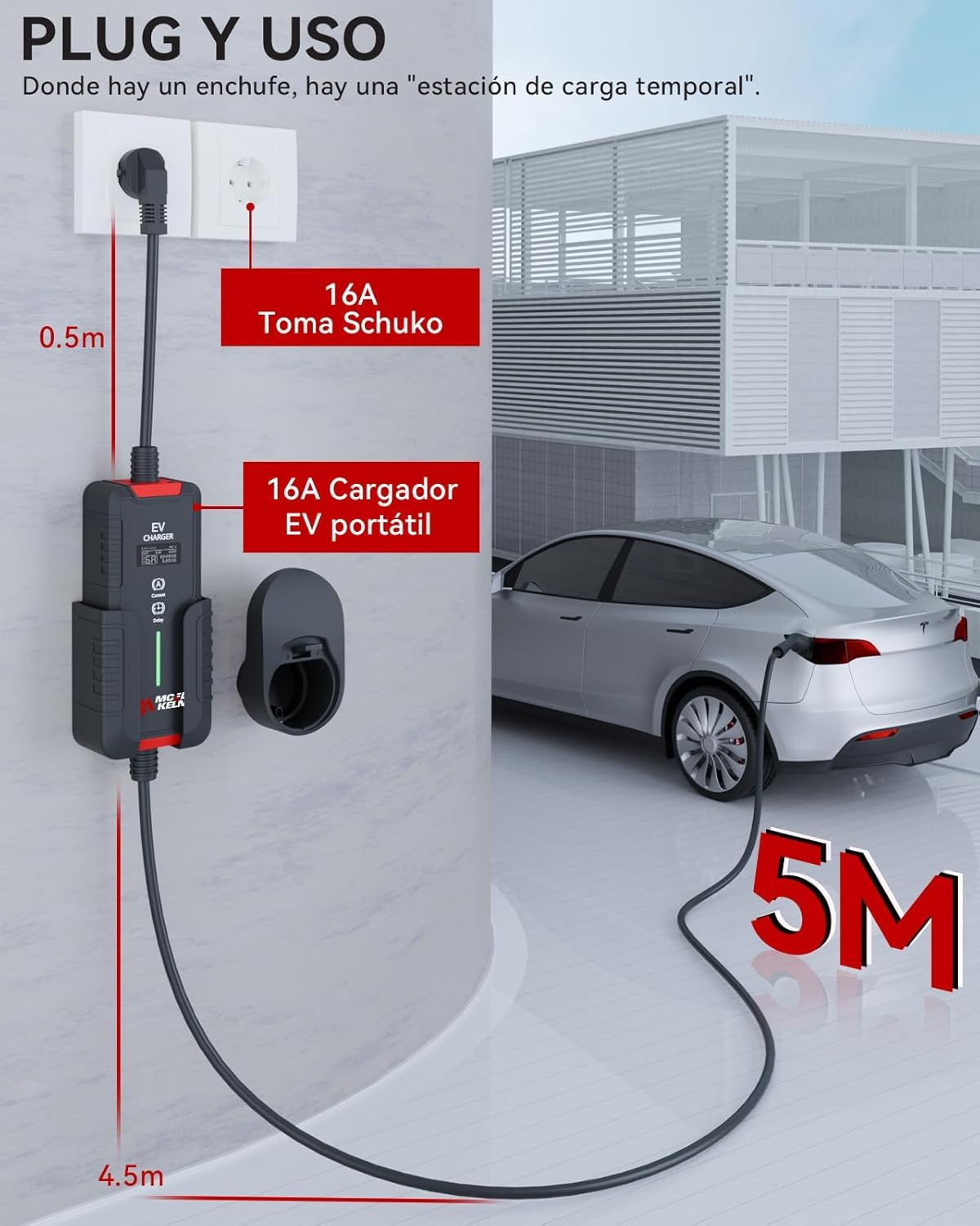 Cargador Coche Eléctrico Tipo 2 3,6kW 6~16A 5m Monofásico Cable Carga EV IEC 62196-2 Enchufe Schuko