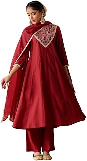Janasya Women's Maroon Chanderi Silk Embroidered Anarkali Kurta Set Price In India