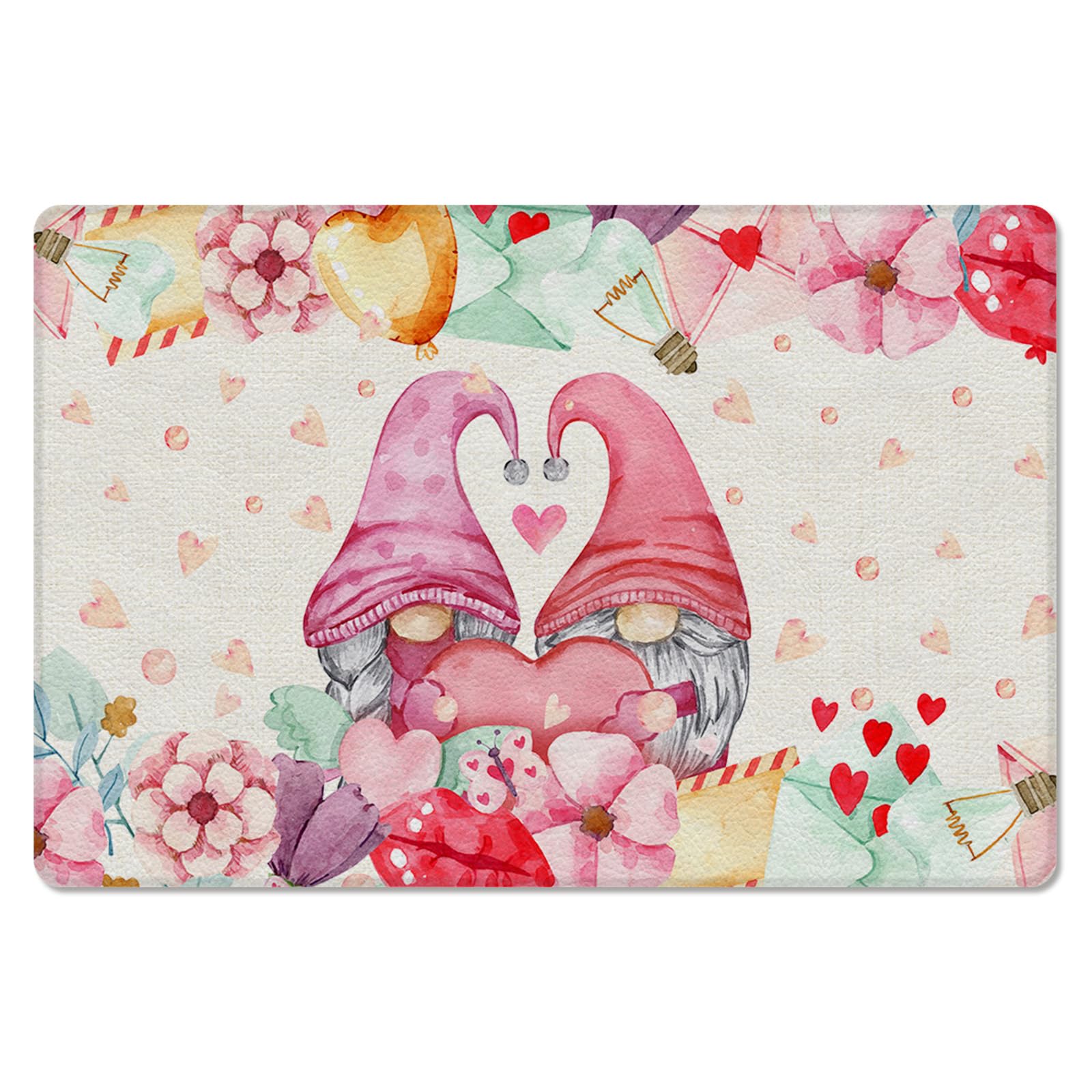 Heart Gnomes Kitchen Bath Door Mat Cushioned Runner Rug,Washable Welcome Floor Sink Antifatigue Mat,Waterproof & Non-Slip Comfort Standing Doormat for Kitchen,Valentine's Day Love Word Flower 18