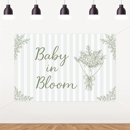 Green Striped Baby in Bloom Baby Shower Backdrop,Flowers Baby Shower Party Decor