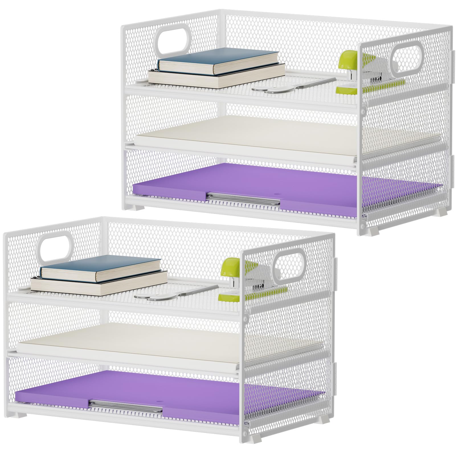 Marbrasse Organizer per carta a 3 ripiani, organizer per documenti in rete con manico, organizer da scrivania per casa e ufficio, 2 pezzi, bianco