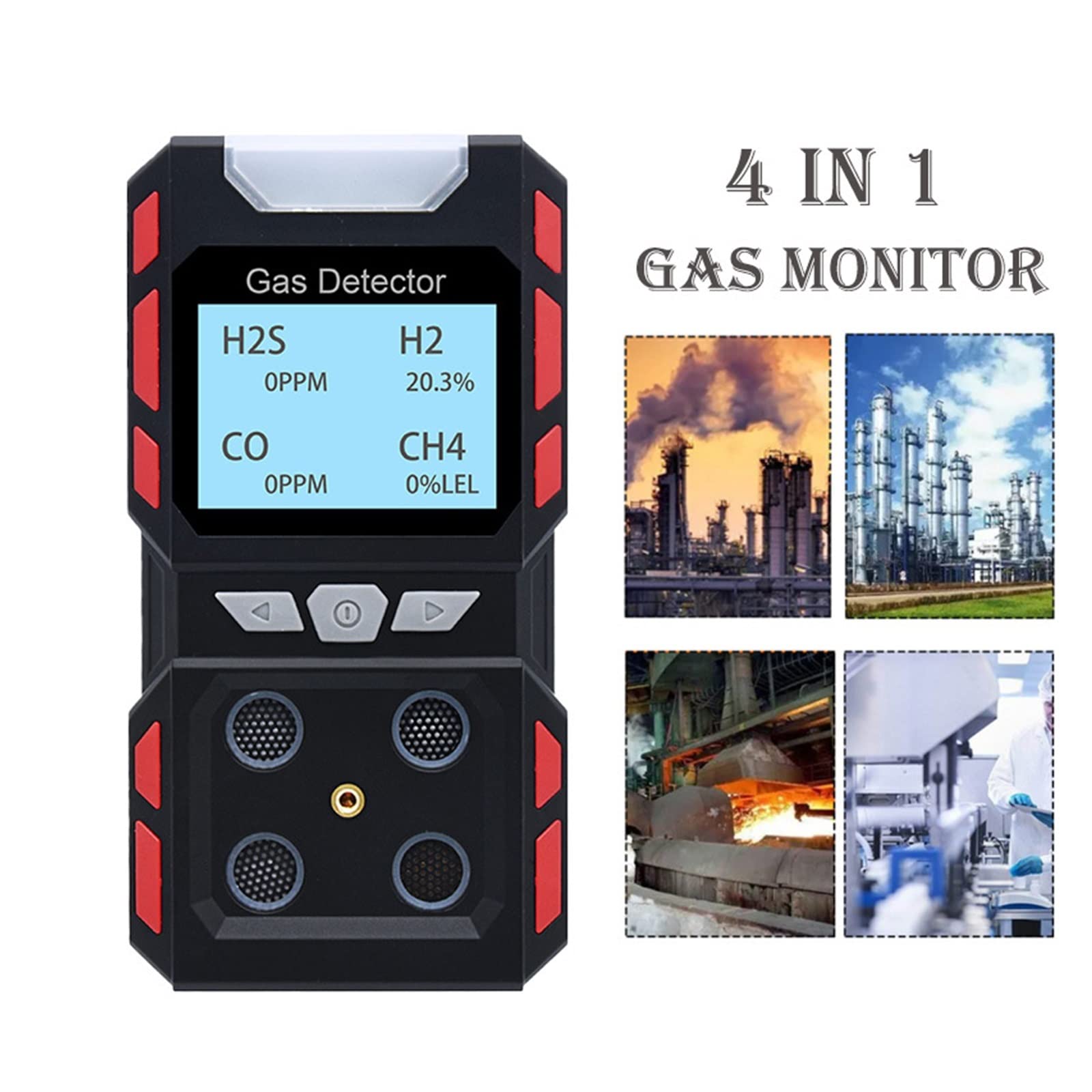 Detector de Gas, Monitor de 4 Gases H2S O2 EX CO Detector de concentración luz de Sonido Alarma de Choque medidor probador analizador USB Recargable(Gas Alarm Black)