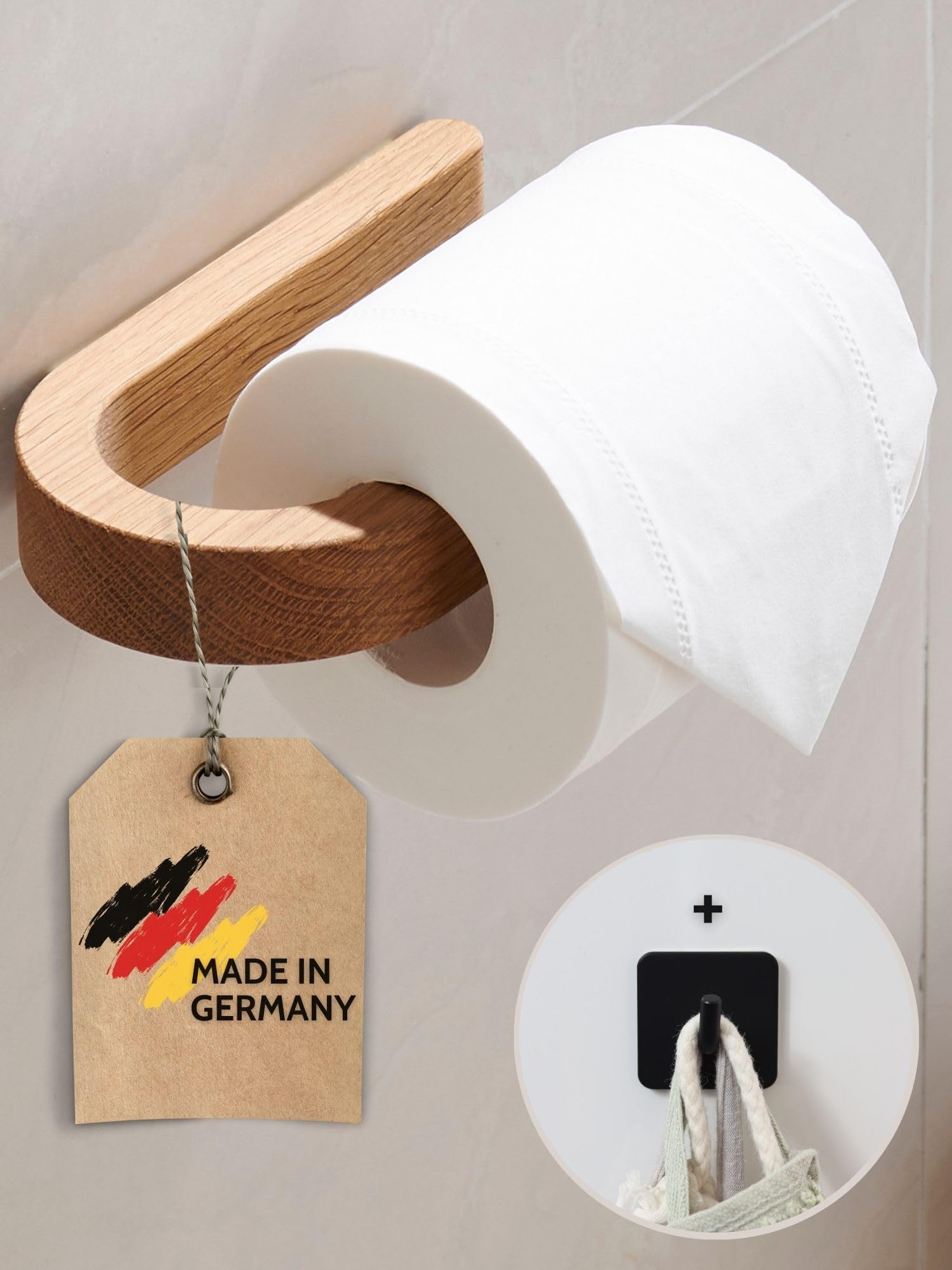 DEKAZIA® portarrollos Papel higiénico Madera Roble sin Taladro WC | porta rollos, autoadhesivo, almacenaje, sin agujeros, decoración baño