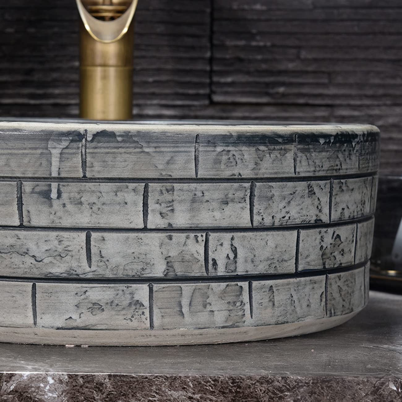 Umywalka Nablatowa, Ceramiczna Umywalka Nablatowa Z Teksturą Cegły, Artystyczna, Z Kranem I Odpływem, Jeden Kolor, Jeden Kolor