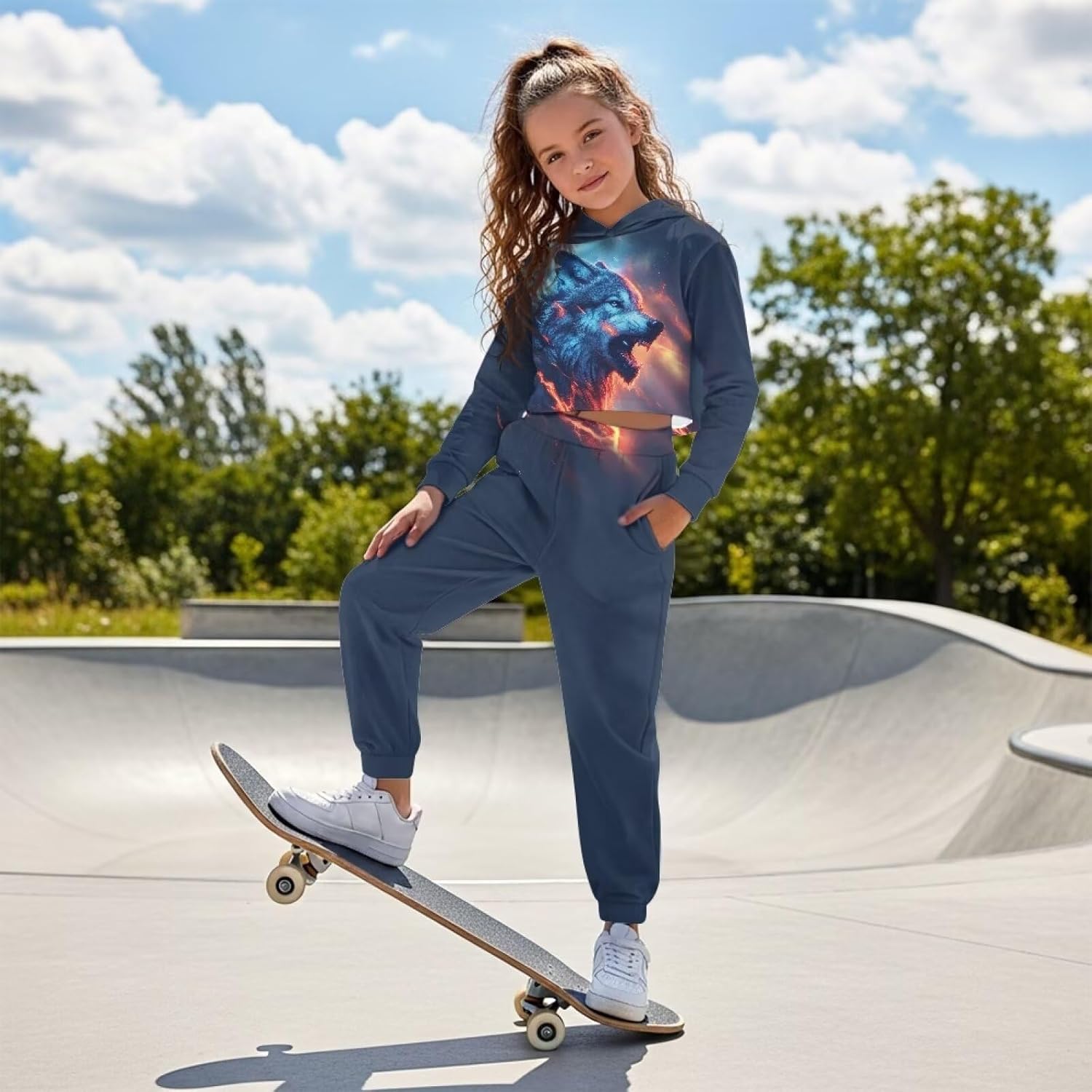 Renewold Girls Tracksuits Kids Teens Crop Hoodie Long Sleeve Sweatshirt Jogger Sweatpants 2 Piece Outfit Sweatsuits Set