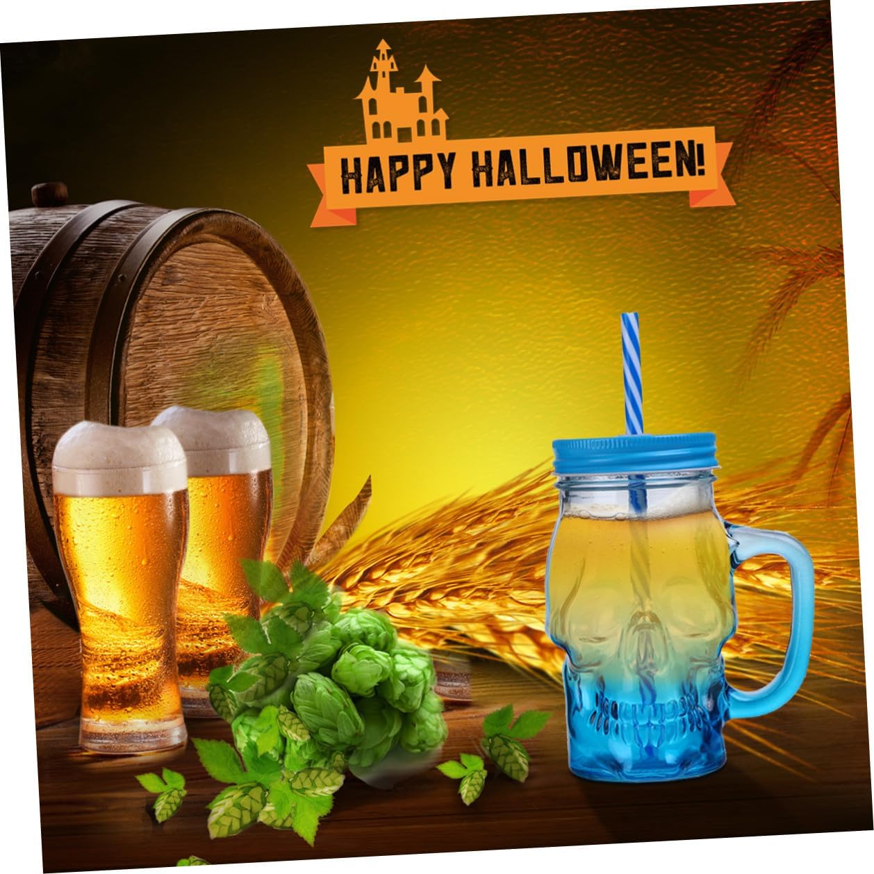 Halloween Gradient Blue Skull Glass Cup with Handle 500ml, 2pcs Party Skull Beer and Beverage Glasses for Halloween Celebration Random Color