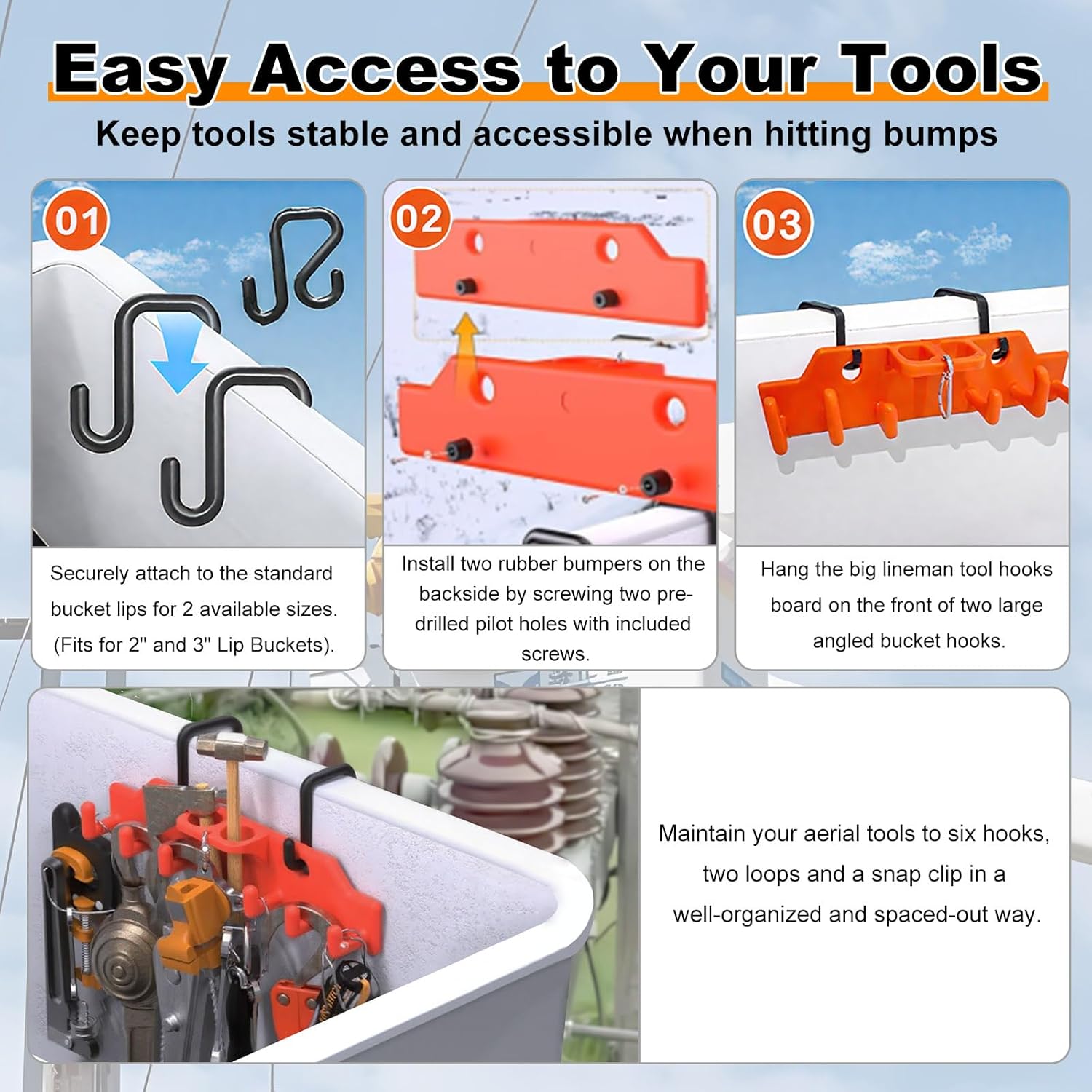 Lineman Tool Board Bucket Truck Tool Organizer for Bucket Hooks and Lineman Bucket Accessories Including 2PCS 2” and 2PCS 3” Aerial Bucket Hooks