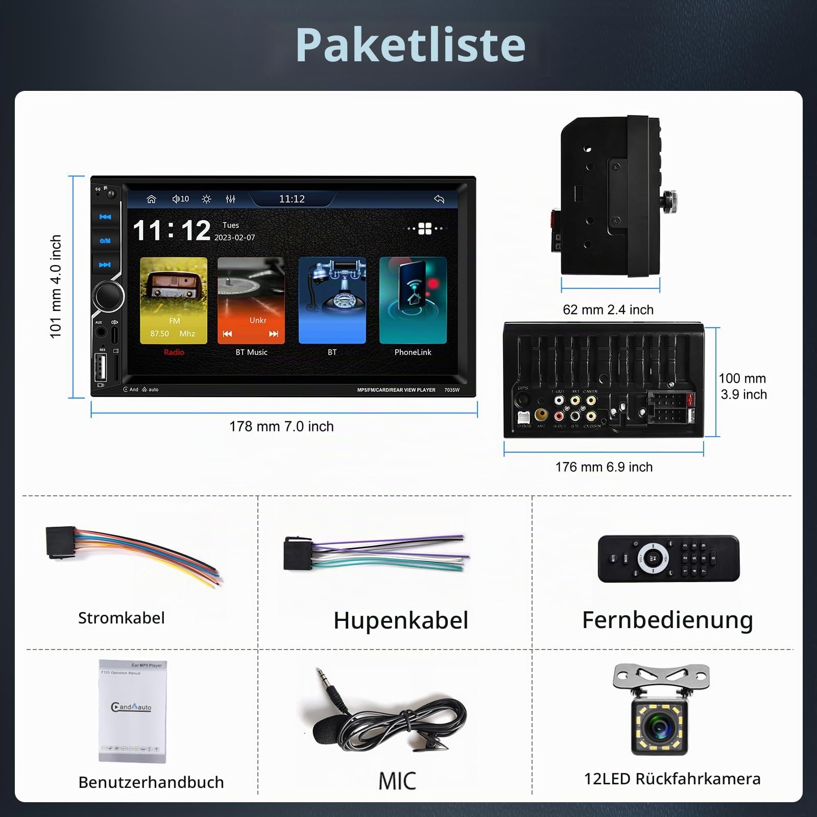 2 Din Carplay Car Stereo Bluetooth 5.1, 7 Zoll HD Touchscreen Autoradio Android Auto, Unterstützung MirrorLink, FM Radio, USB, AUX, Laden + Rückfahrkamera