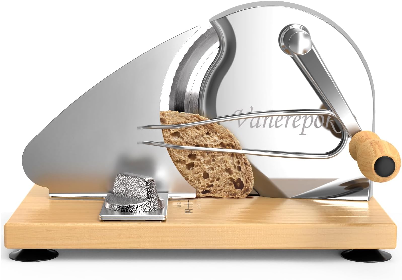 vanerepok Manual Bread Slicer for Homemade Sourdough Adjustable Thickness | Even Slices Hand Crank Bread Cutter with Stainless Steel Blade & Solid Wood Base & Aluminum Alloy Body, Gift for Home Bakers