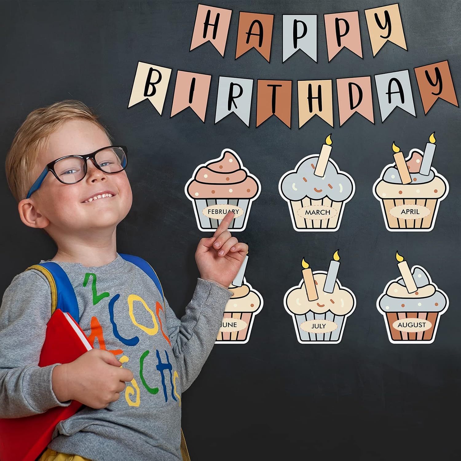 AnyDesign Boho Classroom Decor Cupcake Happy Birthday Bulletin Borad Decoration Colorful Birthday Cake Candles Paper Cutouts with Glue Points for Back to School Supplies, 50Pcs