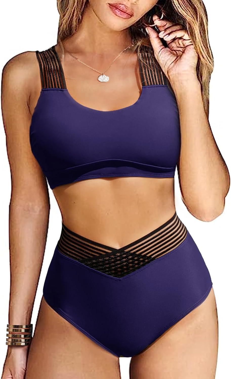 Bikini 2 Pièces Femme Push-up Taille Haute - Maillot De Bain Sportif Avec Découpes Et Bretelles Réglables - Nylon/élasthanne