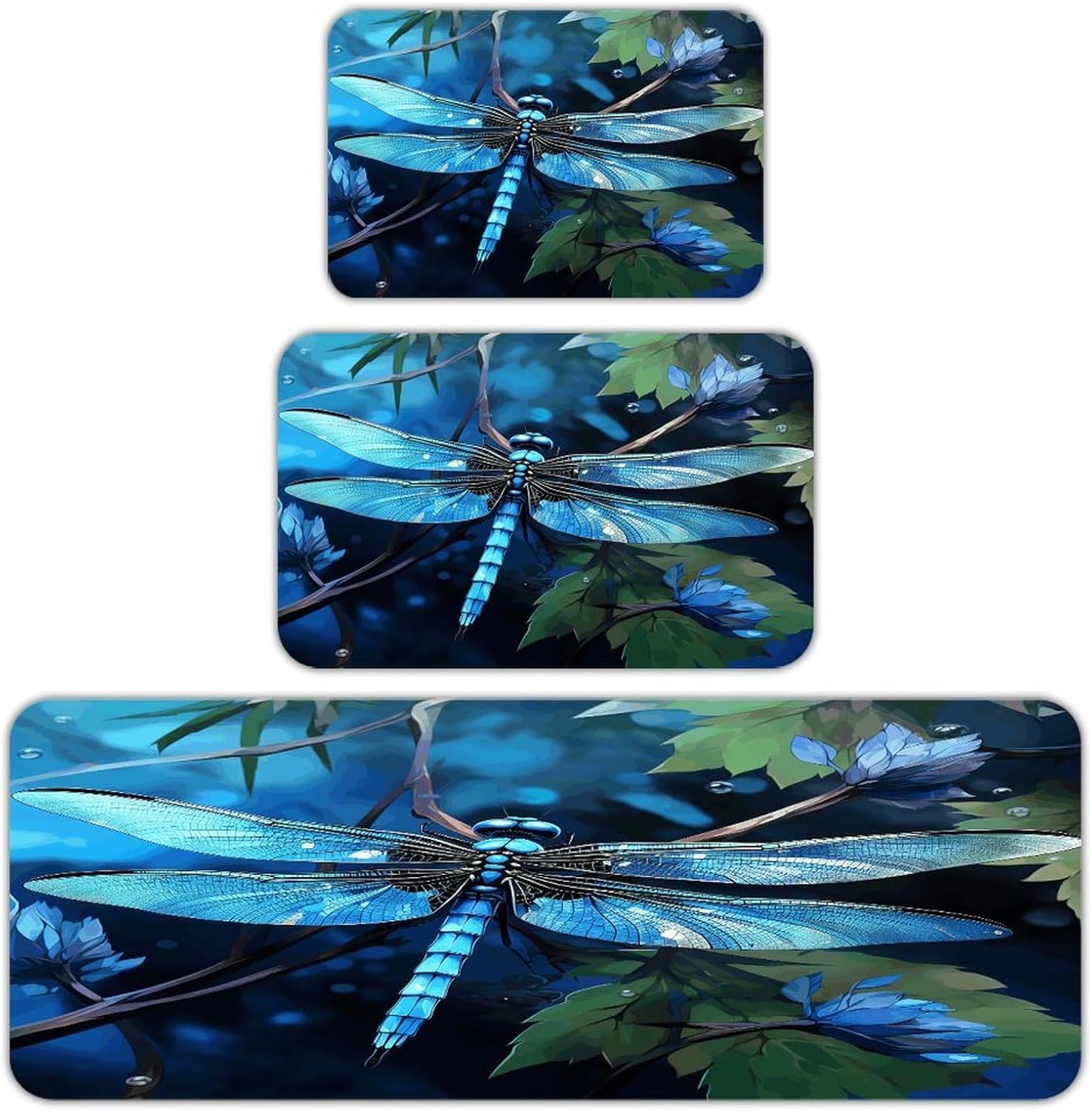 Art Blue Dragonfly Kitchen Rugs Sets of 3 Non Slip Kitchen Mats for Floor Farmhouse Kitchen Sink Mat Thick Comfort Standing Mat for Laundry Room Hallway Bathroom