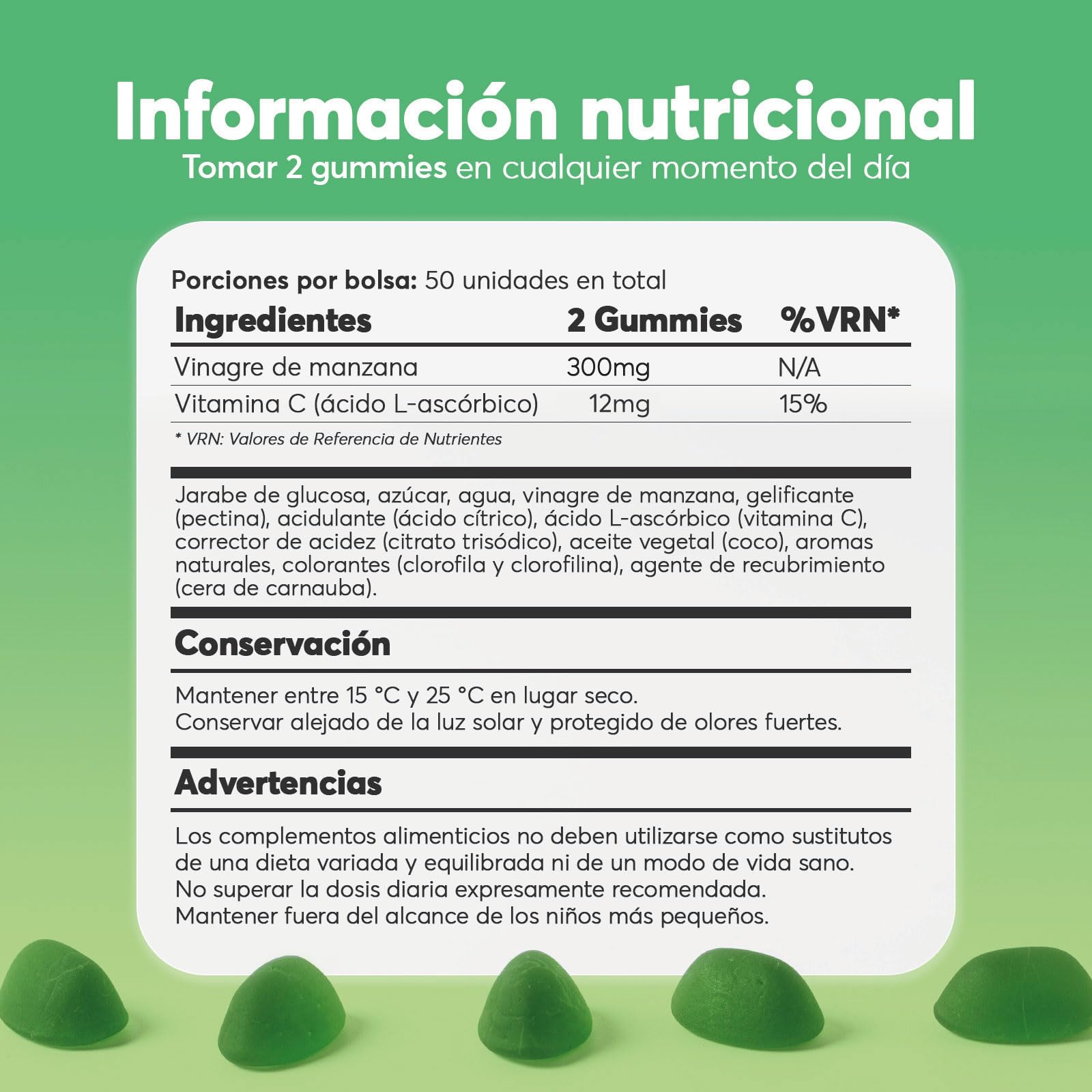 V Gummies - Gominolas de Vinagre de Manzana para Salud Digestiva - Apple Cider Vinegar Gummies - Sabor Natural a Manzana con Vitamina C y Pectina - 50 Unidades