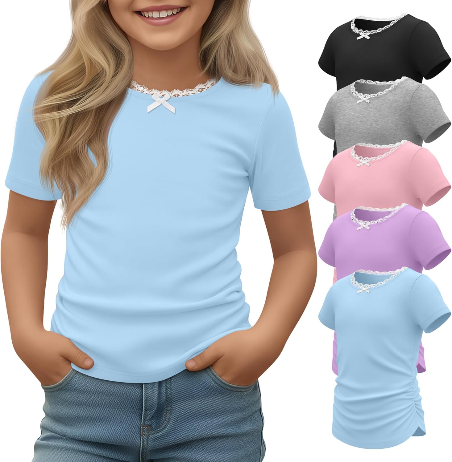 5 Pack Girl's Shirts Short Sleeve Lace Trim Crew Neck Tops Kids Basic Cute Easter Tees 5-14 Years