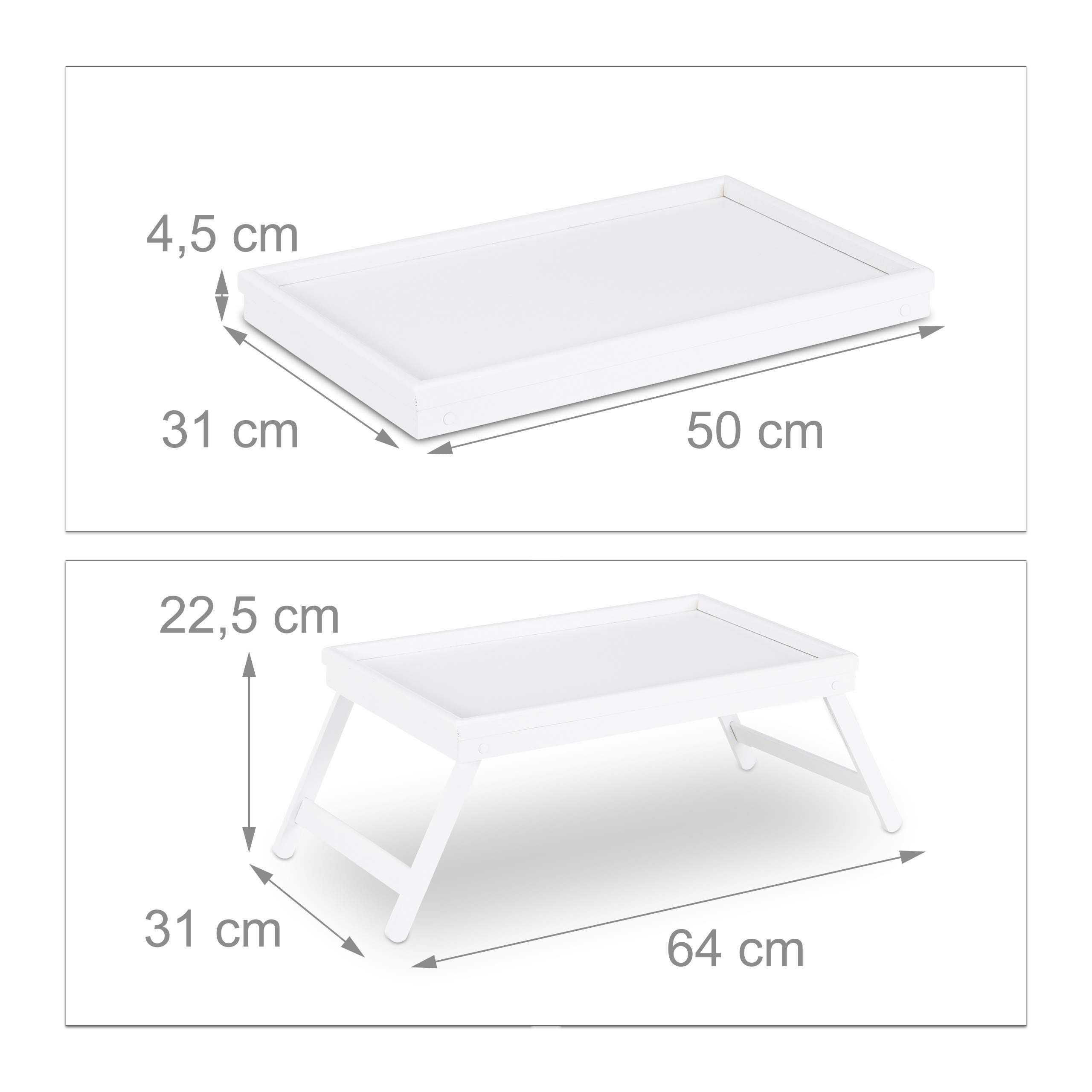 Relaxdays Tavolino da letto in bambù gambe pieghevoli bordo rialzato vassoio da colazione HLP: 22x64x31 cm bianco