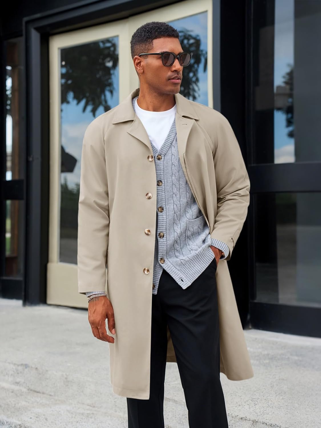 Yousify Mens Trench Coat Single Breasted Casual Slim Fit Windbreaker Lapel Lightweight Long Jacket Overcoat - Image 2