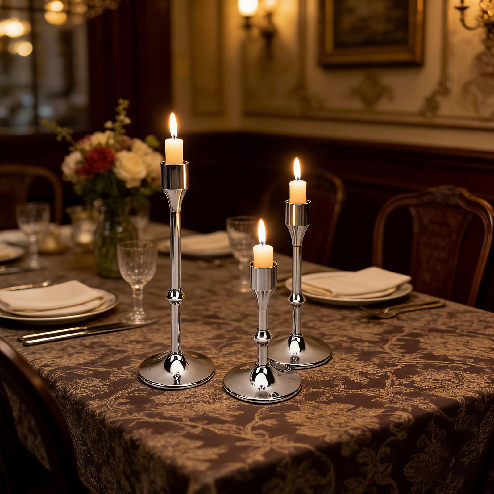 3-teiliges Metall-Kerzenhalter-Set, Vintage-Kerzenhalter mit hoher Spitze (Silber)