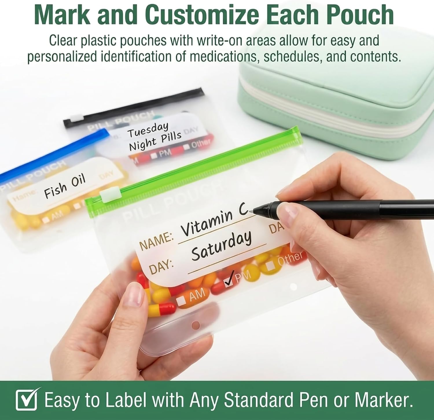 Pill Pouch Organizer Case, Portable Travel Medicine Bag with 14 Reusable A8 Write‑on Pill Pouches, PU Zipper Medication Storage Holder for Vitamins, Supplements, Medications, Mint Green image 5