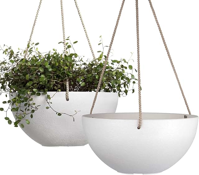 White Hanging Planter Basket - 10 Inch Indoor Outdoor Flower Pots, Plant Containers with Drainage Hole, Plant Pot for Hang...