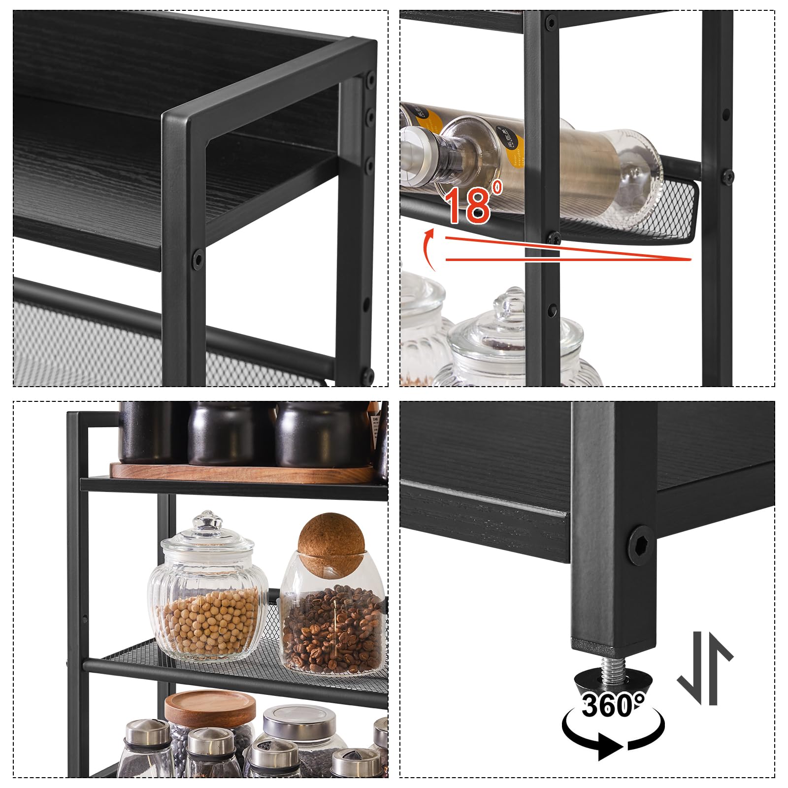 Estante de especias industrial de 3 niveles, organizador de almacenamiento de escritorio, estante de condimentos de pie para encimera, cocina, oficina, sala de estar, escritorio, negro, 5